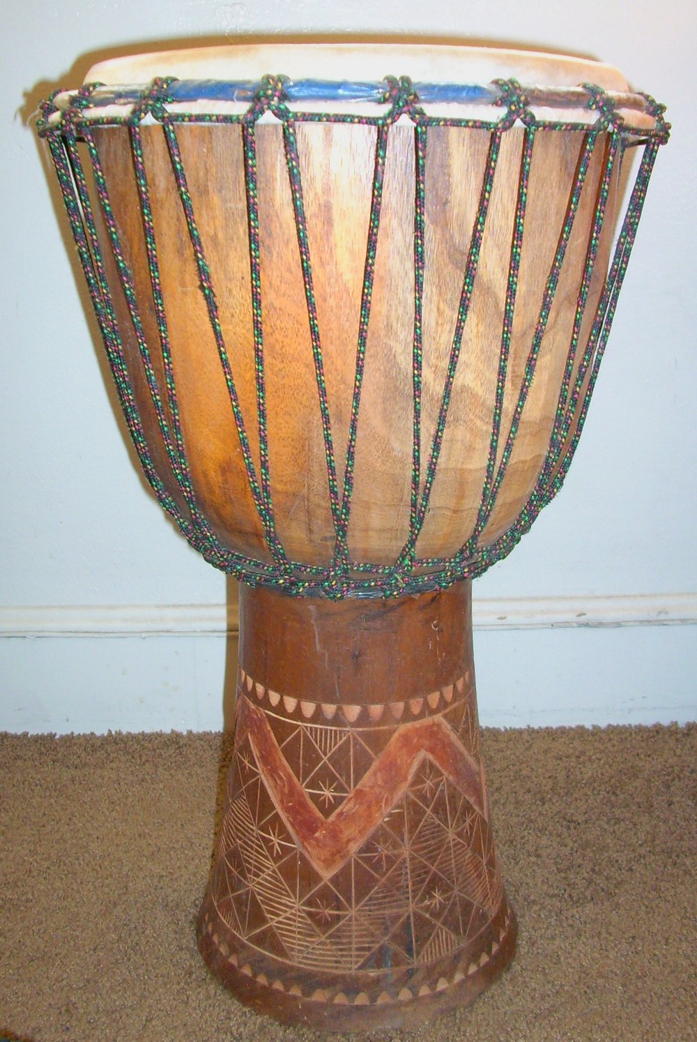 Rope-tuned, djembe hand drum.